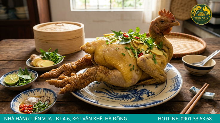 Thịt gà Đông Tảo hấp mềm ngọt, da dày giòn nhẹ và giữ trọn hương vị tự nhiên đặc trưng